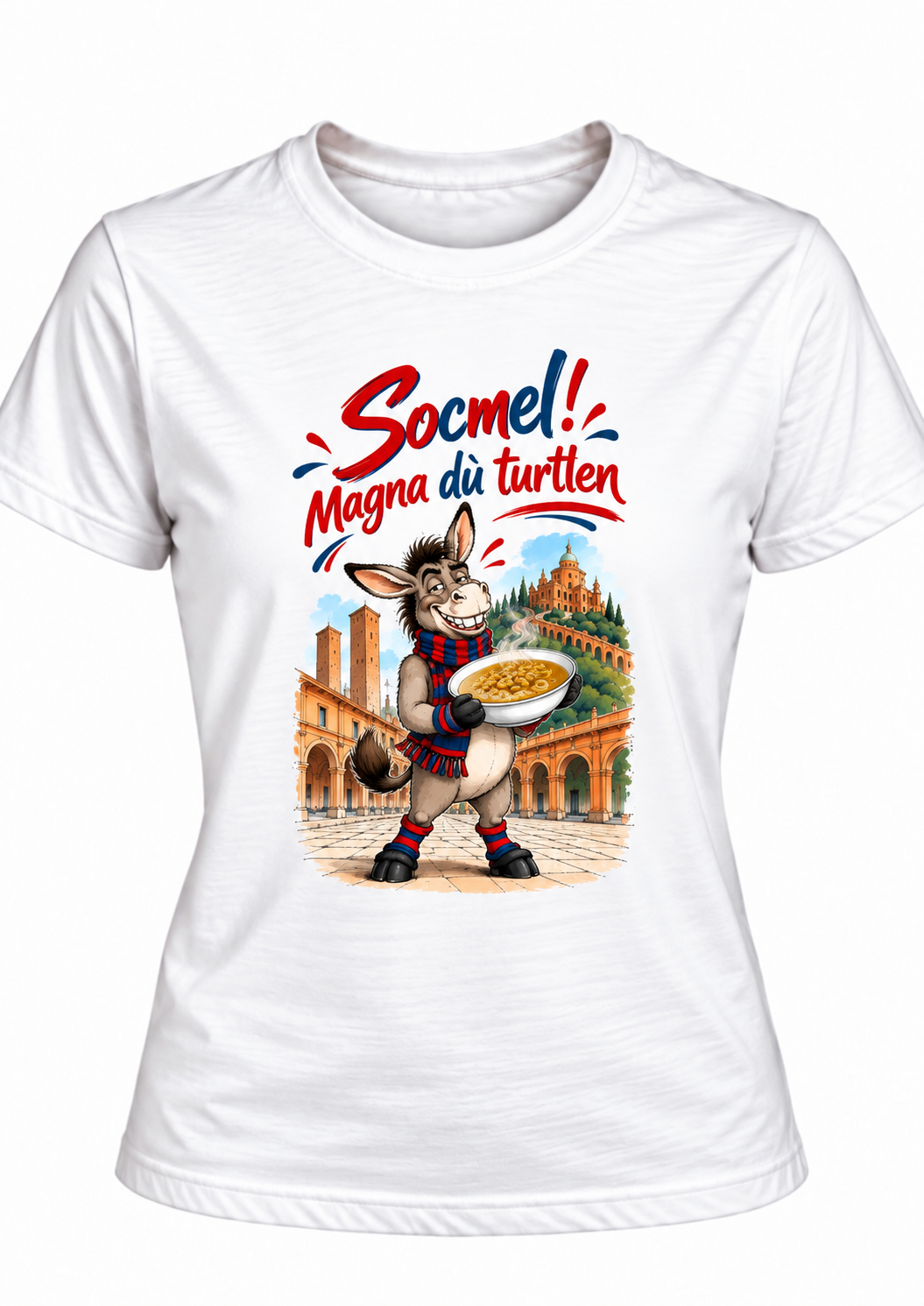 Maglietta in dialetto bolognese – Ciuchino rossoblù sotto i portici